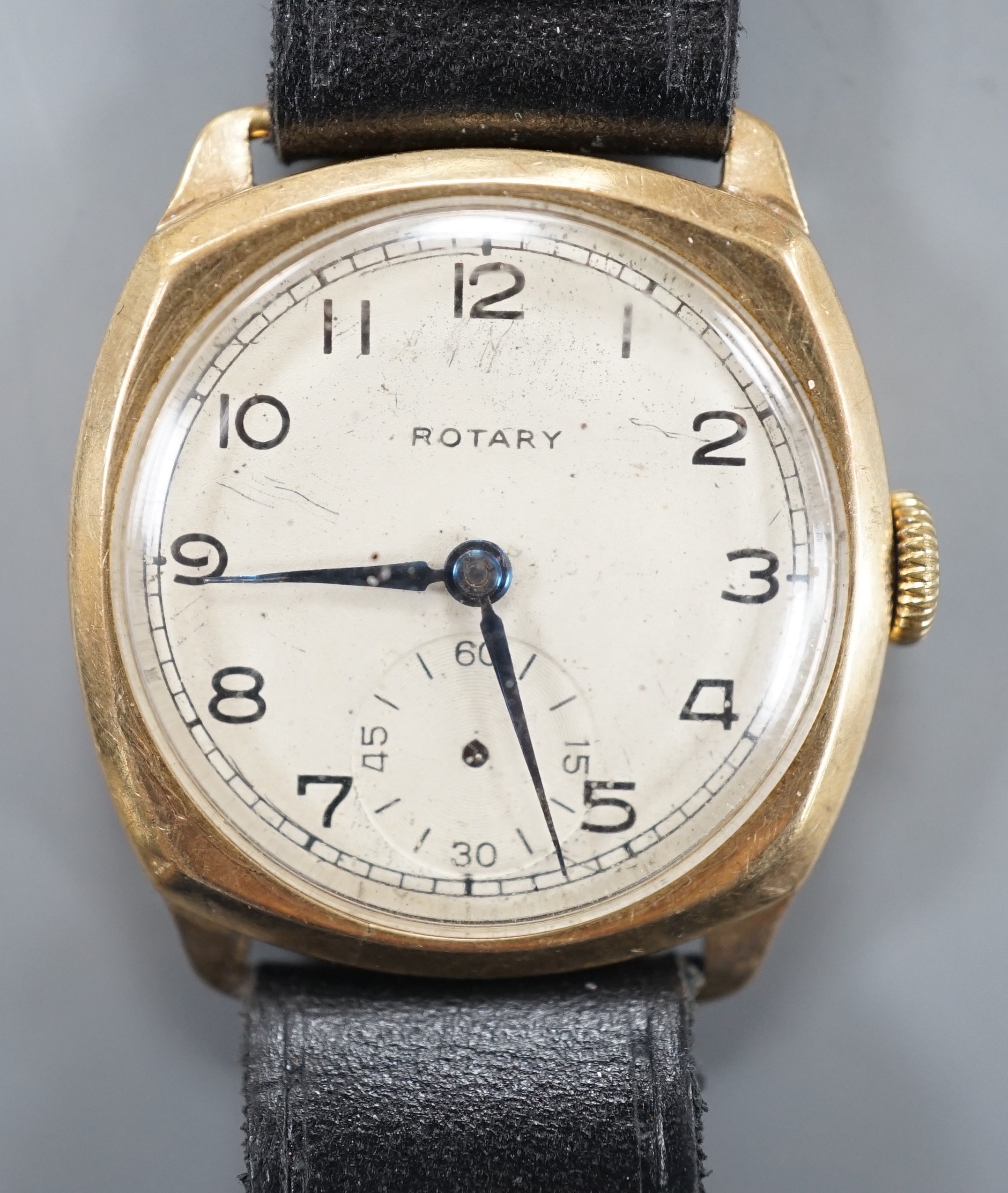 A gentleman's 1930's? 9ct gold Rotary manual wind wrist watch, on associated leather strap.